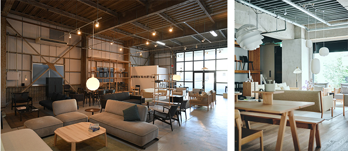本社工場に直結したショールーム（左）。東京・青山にもショールーム「HIRATA CHAIR TOKYO」を構える（右）。